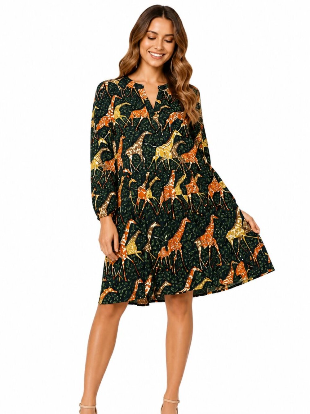 J. Crew Black Mini Dress with Orange and Yellow Giraffe Print